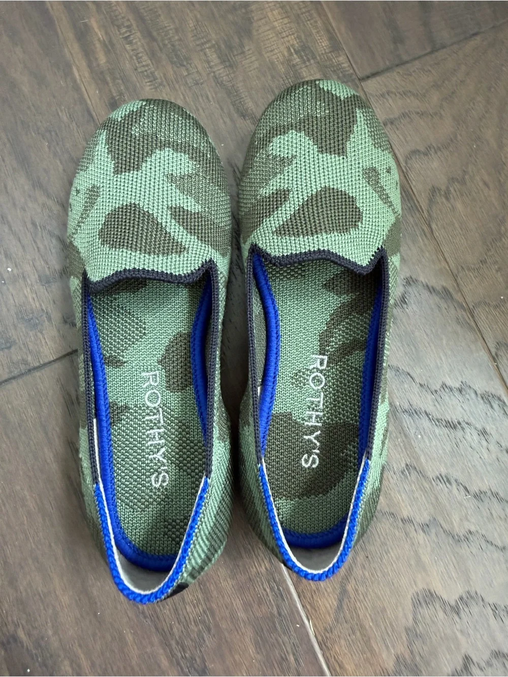 Rothy's Kids Green Camo Slip-On Flats with Blue Trim
